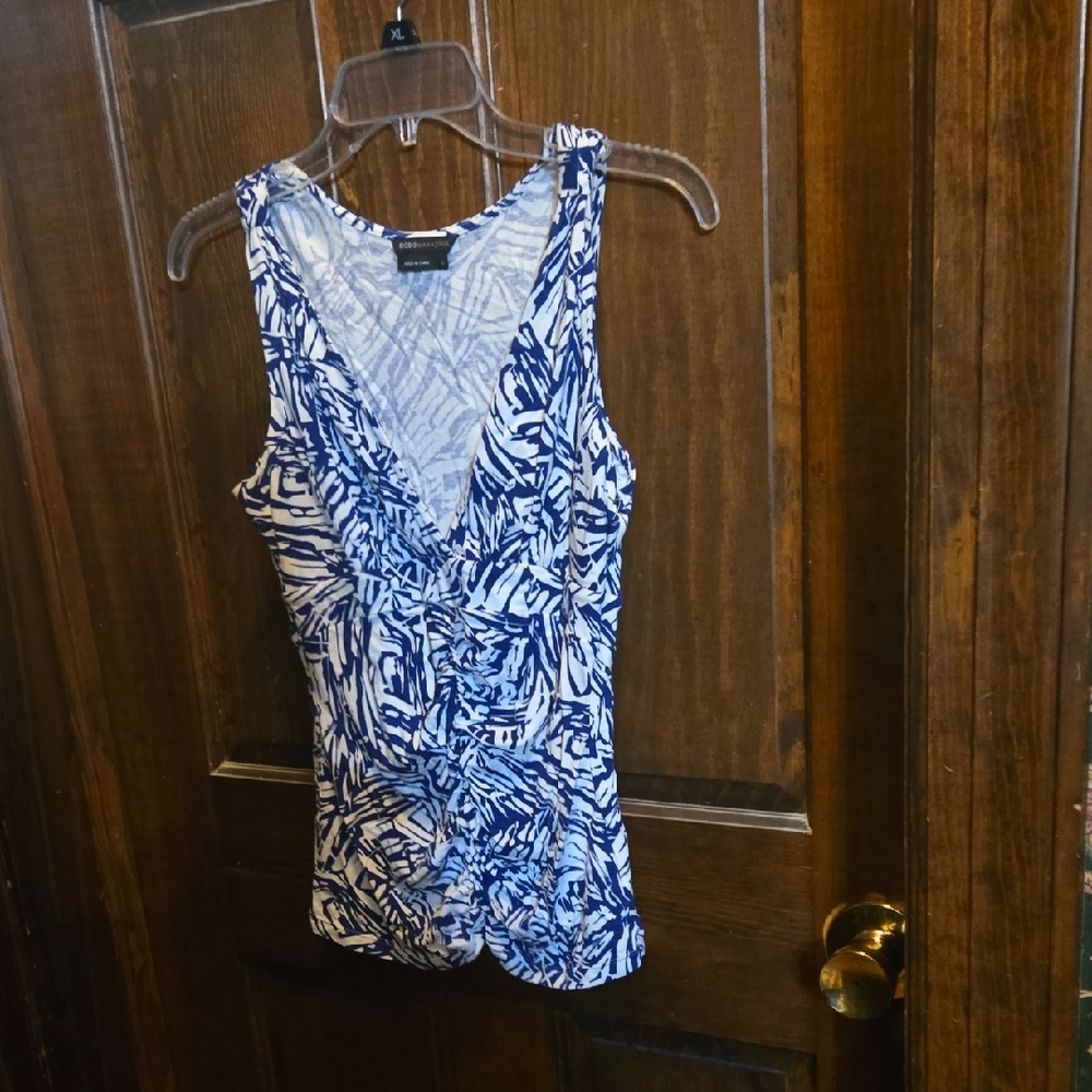 BCBGMaxAzria Blue and White Fitted Wrap Tank Top